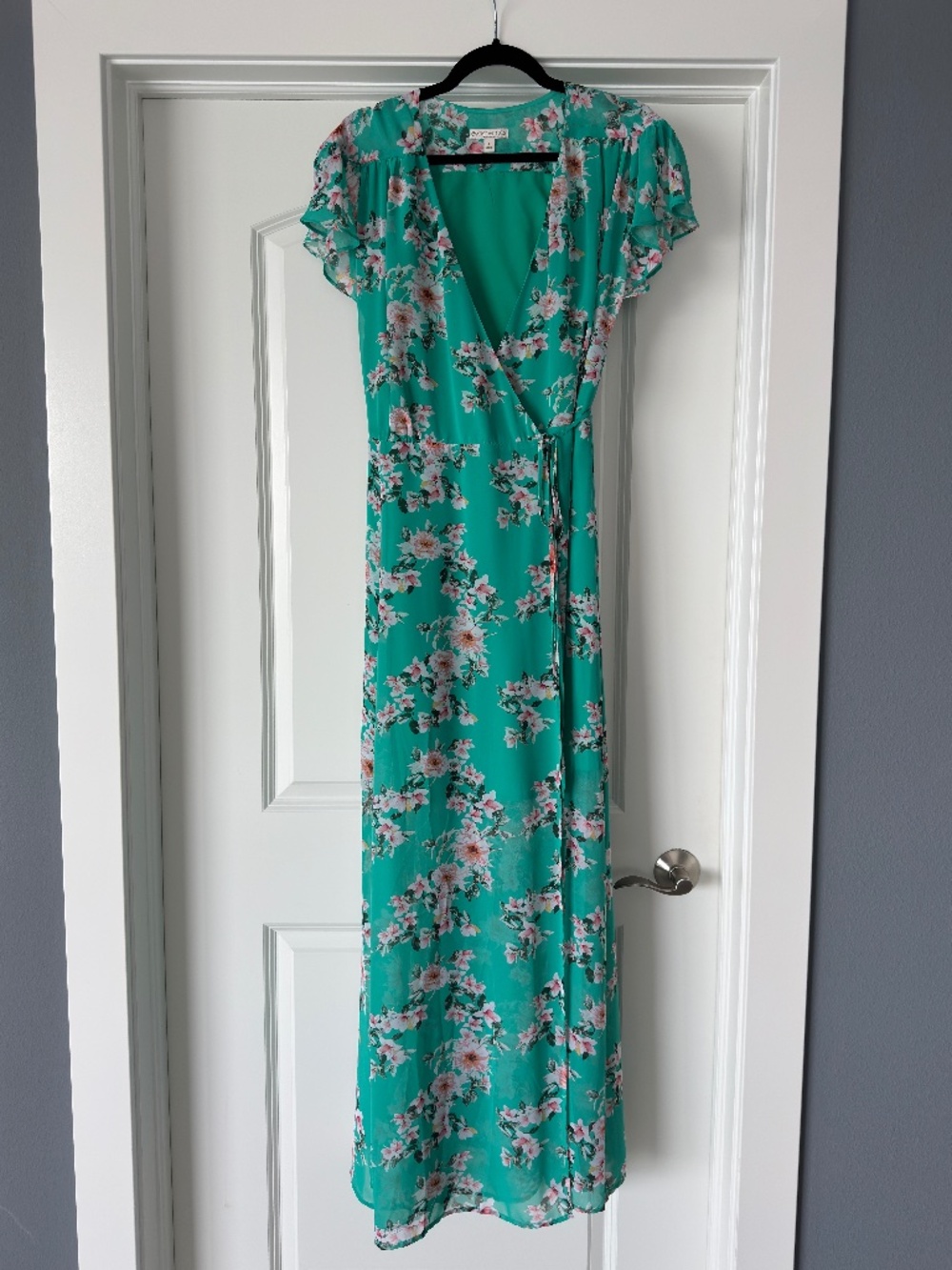 New York & Co Green Floral Short Sleeve Wrap Maxi Dress Size L